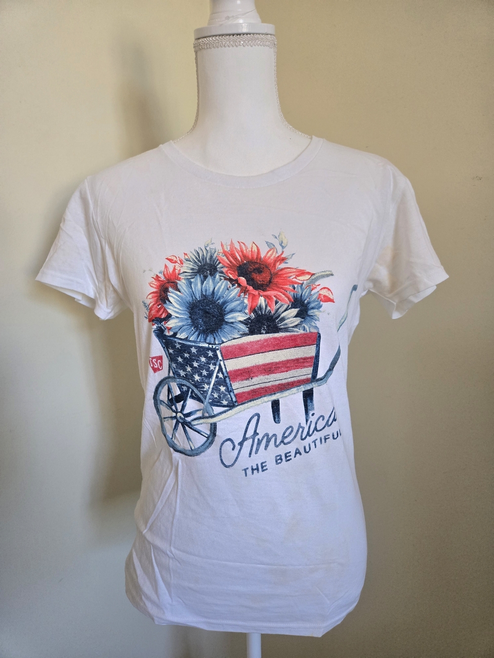 White Tee with Red & Blue Floral Wheelbarrow Graphic